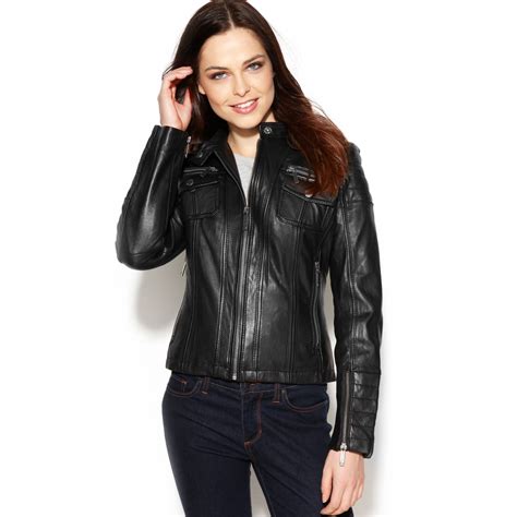 michael michael kors women's black leather bomber jacket|Women's Black Jackets and Coats .